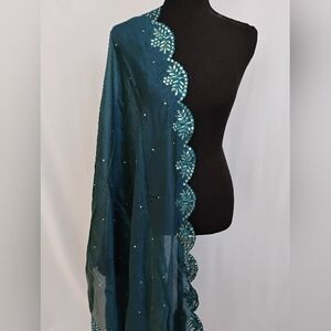 Elegant Chinon Silk Peacock Blue  and Silver Embellished Dupatta